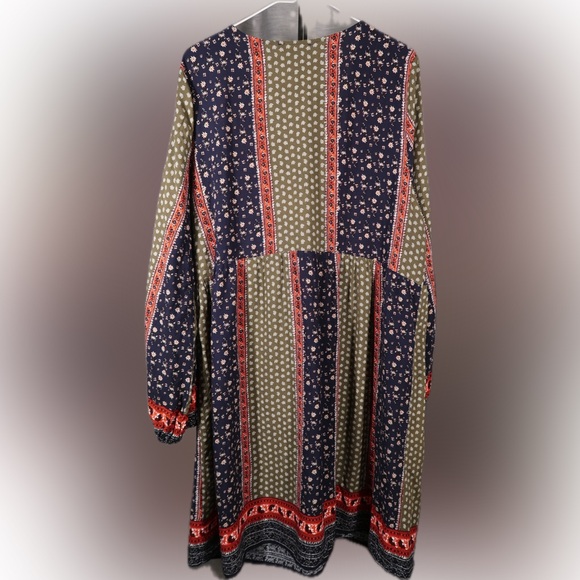 Suzanne Betro Boho Long Sleeve V- Neck Dress size 2X Mixed Pattern Fall Dress - Picture 2 of 7